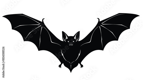 A black silhouette of a bat with its wings spread wide against a white background.