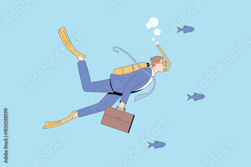 Businessman diver with briefcase explores deep blue ocean with fish swimming