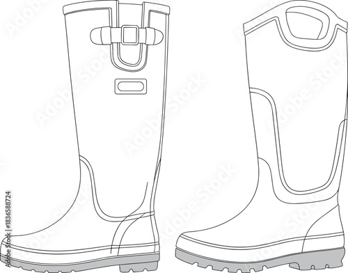 Boot, rubber, vector, illustration, sketch, outline, fashion, gear, durable, ergonomic, structured, silhouette, layout, design, protection, accessory, buckle, patch, handle, traction, waterproof