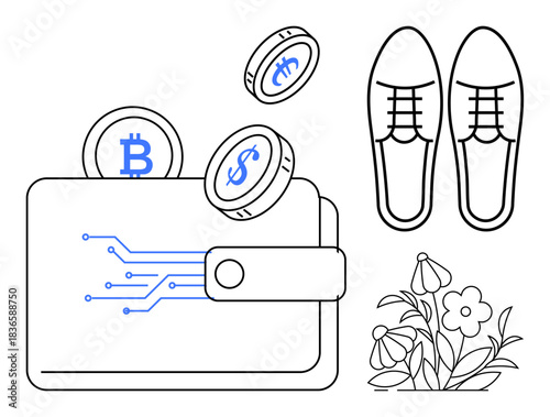Finance, cryptocurrency, digital transactions, shopping, technology, lifestyle. A digital wallet with coins, shoes and flowers displayed together. Cryptocurrency and digital transactions concept
