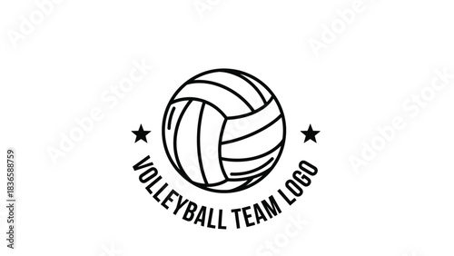 A minimalist black and white line art logo featuring a volleyball with stars and the text 'VOLLEYBALL TEAM LOGO' encircling it.