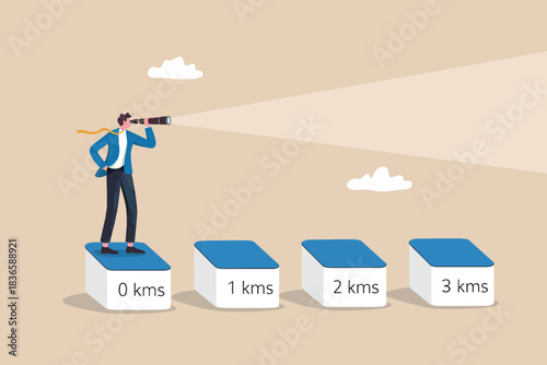 Businessman with spyglass looks into distance from pedestal, business vision