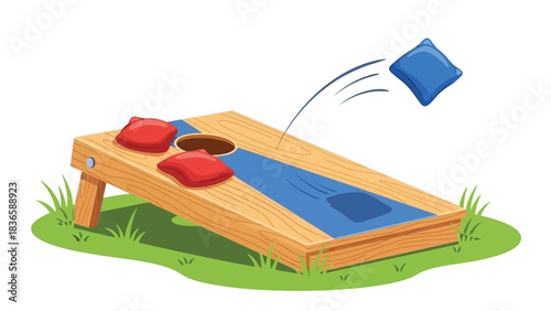 A wooden cornhole board sits on green grass with red and blue beanbags, one blue beanbag is in mid-air flying towards the hole.