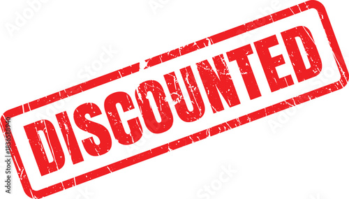 Distressed red rubber stamp angled diagonally displays the bold word discounted with transparent background