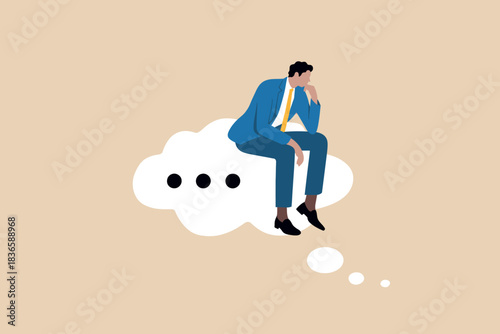 Man in suit sitting on thought bubble contemplating ideas, business concept