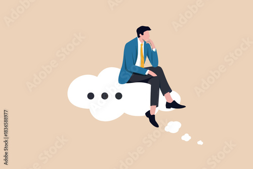 Man in suit sitting on speech bubble thinking with small bubbles around