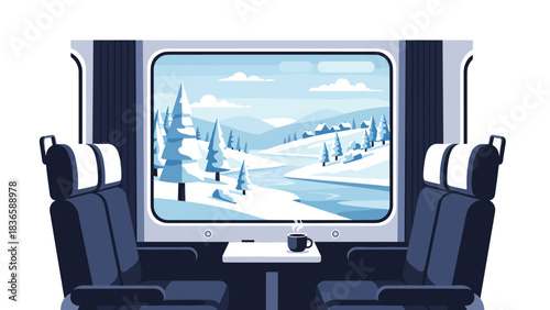 Cozy train journey viewing stunning snow covered winter landscape with hot coffee inside carriage