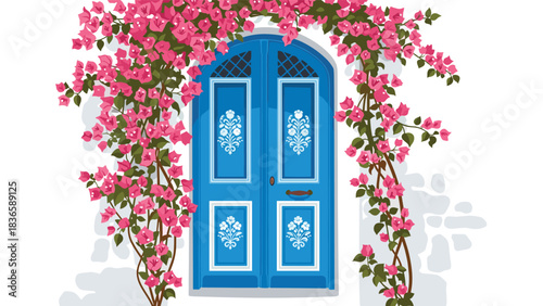 Stunning vibrant blue Greek door framed by cascading bright pink bougainvillea flowers on white wall