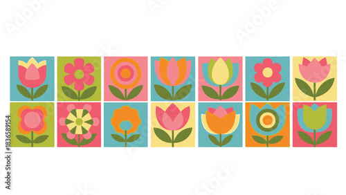 A grid of colorful, stylized floral illustrations arranged in two rows of seven squares each, showcasing a variety of simple flower designs in pastel and bright hues.