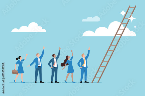 Business people reach for the ladder to success in the sky
