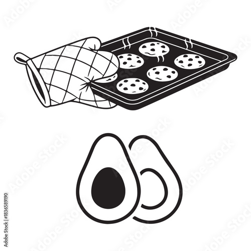 Baking cookies oven mitt and cut avocado kitchen food preparation set