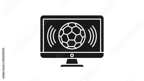A computer screen displays a soccer ball with sound waves emanating from it, representing sports broadcasting or digital entertainment.