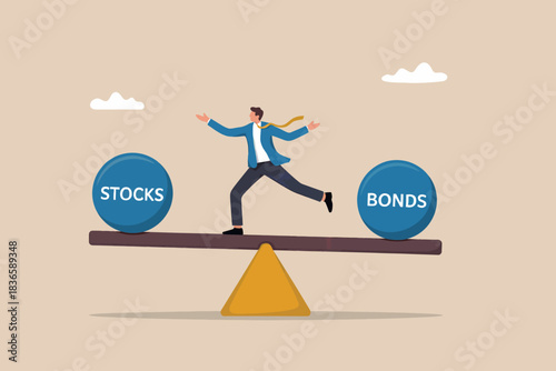 Man balancing stocks and bonds on a seesaw, financial strategy concept.