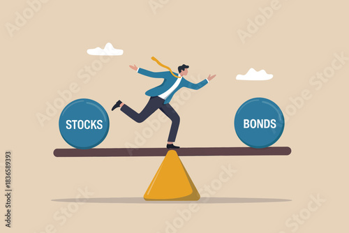 Man balancing on a seesaw between stocks and bonds for investment