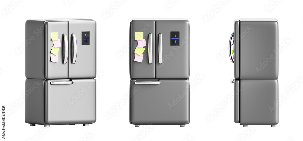 Fototapeta premium 3d kitchen fridge front, side and angle view. Silver french door refrigerator with freezer, display, handles, color paper stickers. Isolated household appliances, realistic render set