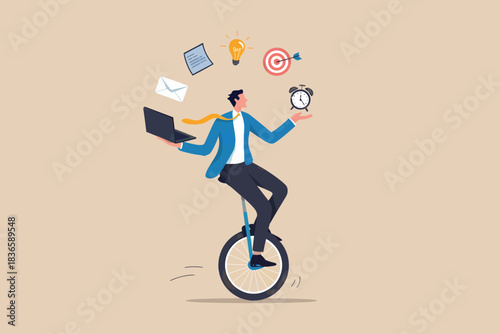 Businessman juggles laptop, tasks, and alarm clock on unicycle