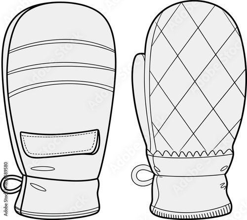 Mitten, winter, vector, illustration, sketch, outline, fashion, gear, durable, ergonomic, structured, silhouette, layout, design, protection, accessory, quilted, striped, wrist, loop, textured
