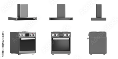 Εκτύπωση καμβά 3d gas stove with electric oven and cooker hood front, side and angle view
