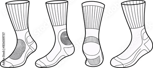 Sock, vector, illustration, sketch, outline, fashion, gear, durable, ergonomic, structured, silhouette, layout, design, protection, accessory, ribbed, reinforced, compression, heel, toe, performance
