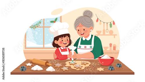 Joyful grandmother and granddaughter decorating festive star cookies together during a cozy snowy winter day