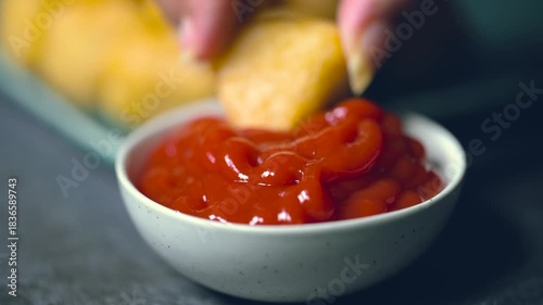 Crispy fried chicken wings, chicken nuggets and beef kebab in a plate. Kebab is Dipped into a Ketchup Bowl on a Table with Black Background a Macro Shot in 4K.