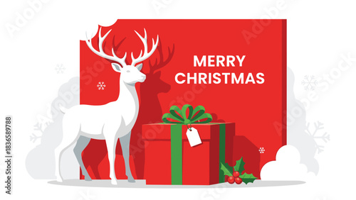 Stunning white reindeer stands beside a vibrant red Merry Christmas gift box with green ribbon and holly berries