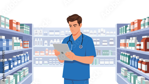 Dedicated pharmacist reviews medication inventory on tablet standing between bright pharmacy shelves stocked with supplies