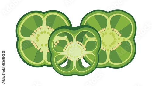 Vibrant cross section of three fresh green bell peppers showcasing seeds and internal structure for healthy eating