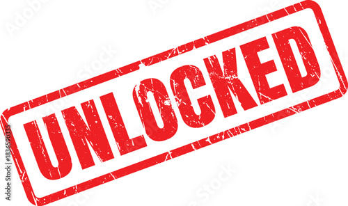 Red rectangular stamp displaying the word unlocked conveys an impression of achievement and accessibility