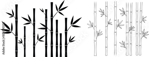 Bamboo Stalks And Leaves With Black And Outline Style Asian Plant Vector Illustration Isolated On Checkered Background