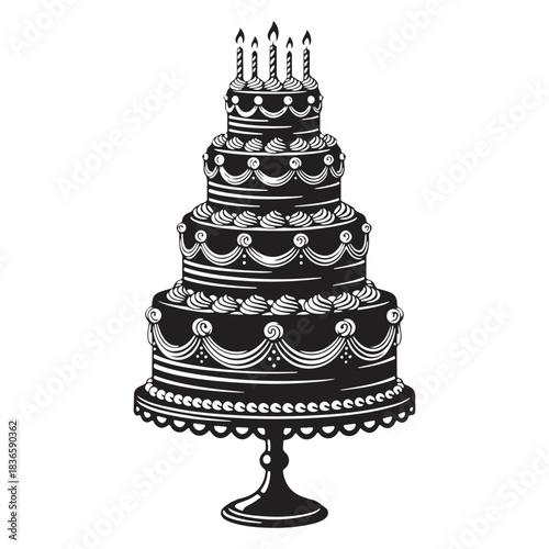 Four tiered birthday cake with lit candles dessert celebration vector icon