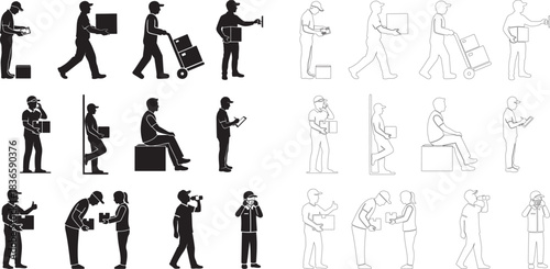 Delivery man silhouette vector icon set, courier carrying boxes in different poses, isolated illustration