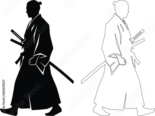 Samurai in Kimono Silhouette with Katana and Outline Version Japanese Warrior Isolated on Transparent Background Vector Illustration