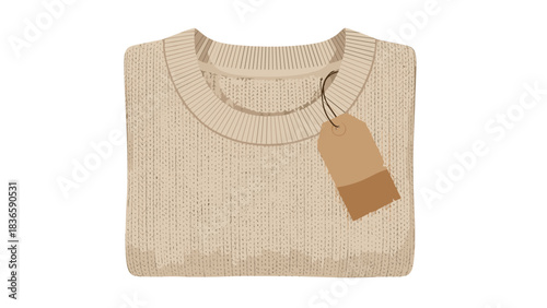 Cozy beige knitted sweater neatly folded with a blank rustic price tag ready for retail display