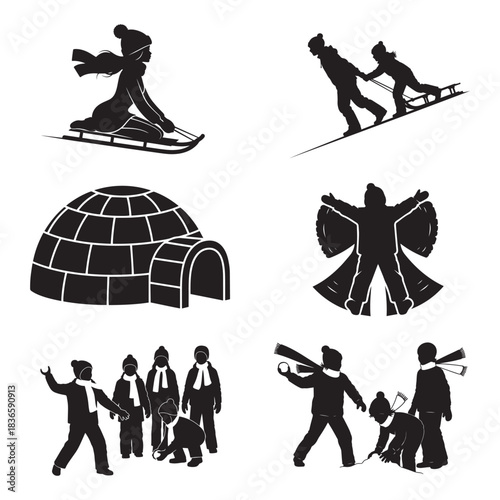 Winter Activity Silhouettes – Sledding, Snowball Fight, Igloo, and Snow Angel Scenes
