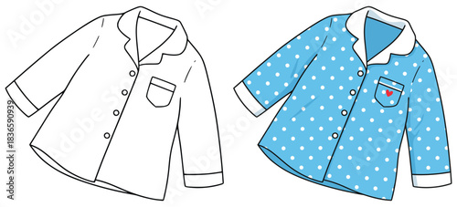 pajamas illustrated outfit design featuring a clean black and white outline version paired with a colorful polka dot variation created with simple shapes 