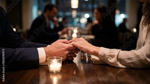 Romantic couple holding hands at a restaurant dinner table with a candle. Close-up of a man and woman on a date showing affection and an engagement ring
