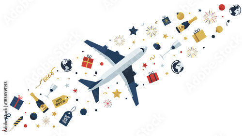 Stunning airplane soaring through vibrant holiday celebration elements symbolizing global travel and New Year adventures