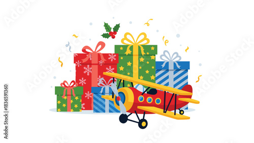 Vibrant collection of wrapped holiday gifts featuring a classic red and yellow toy airplane ready for celebration