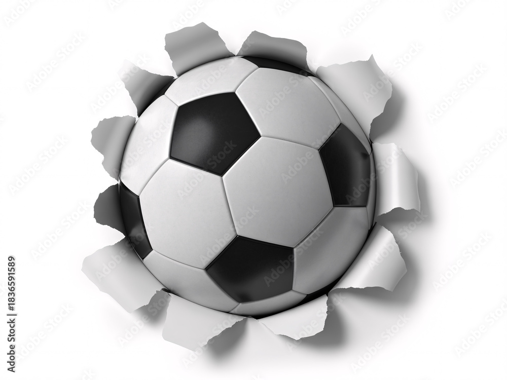 Obraz premium Dynamic soccer ball bursts through white paper surface creating powerful visual impact for sports promotions