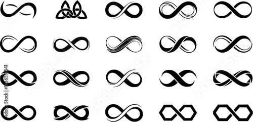 
Infinity symbols collection, black infinity vector illustrations on white background. Perfect for logo design, branding, and mathematical representation. Various styles, from classic to artistic
