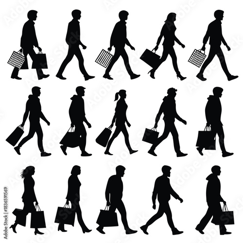 Vector illustration silhouette collection of diverse people walking with shopping bags
