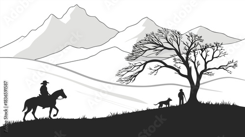 Vector illustration black and white silhouette illustration of a cowboy on horseback passing a lone tree with a person and dog near mountains