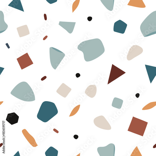 Seamless Terrazzo texture pattern. Italian Venetian mosaic floor background with scattered stone fragments and quartz chips. Modern minimal vector wallpaper.