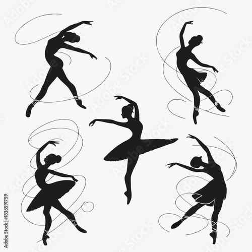 Vector illustration collection of five black silhouette illustrations of ballet dancers performing various graceful poses with swirling ribbons