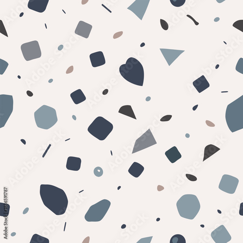 Seamless Terrazzo texture pattern. Italian Venetian mosaic floor background with scattered stone fragments and quartz chips. Modern minimal vector wallpaper.