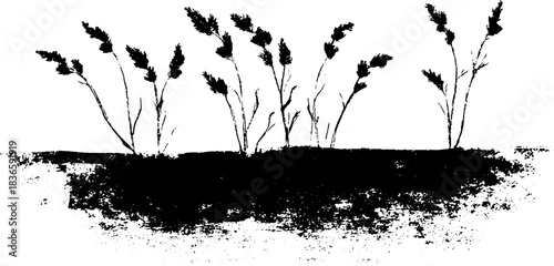 Black and white stencil art of grunge riverbank grass with natural curling