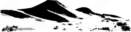Black and white stencil illustration of curved dune shadows in desert landscape