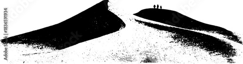 Black and white stencil art of curved dune shadows featuring silhouetted figures