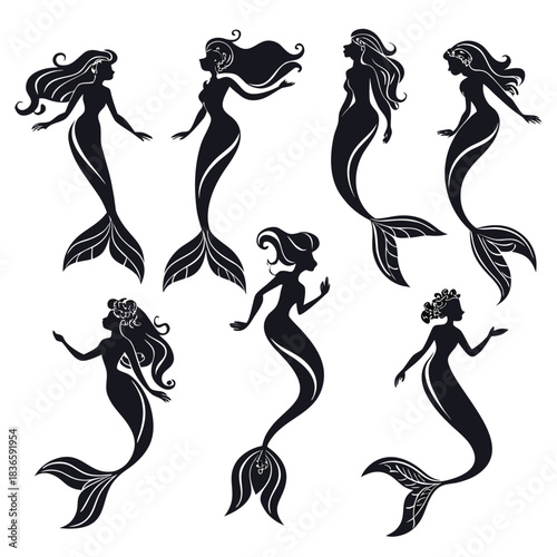 Vector illustration collection of six black silhouette illustrations of beautiful mermaids with flowing hair and detailed tails